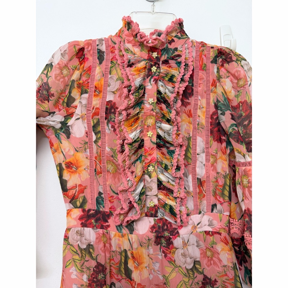 Alice + Olivia Brooke High Neck Maxi Dress Juniper Floral Rose Pink Lace Trim 0 - Picture 6 of 16